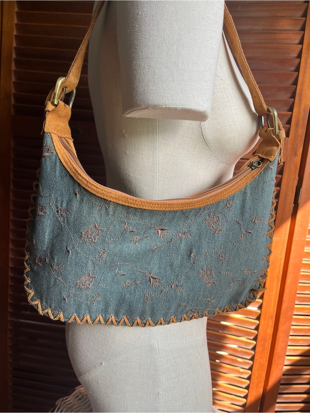 Embroidered Light Wash Denim Shoulder Bag with Tan Suede Trim